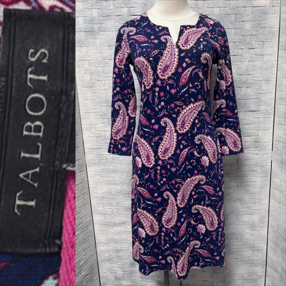 Talbots Sheath Dress Womens XS Navy Pink‎ Excellent Paisley 3/4 Sleeve Cotton